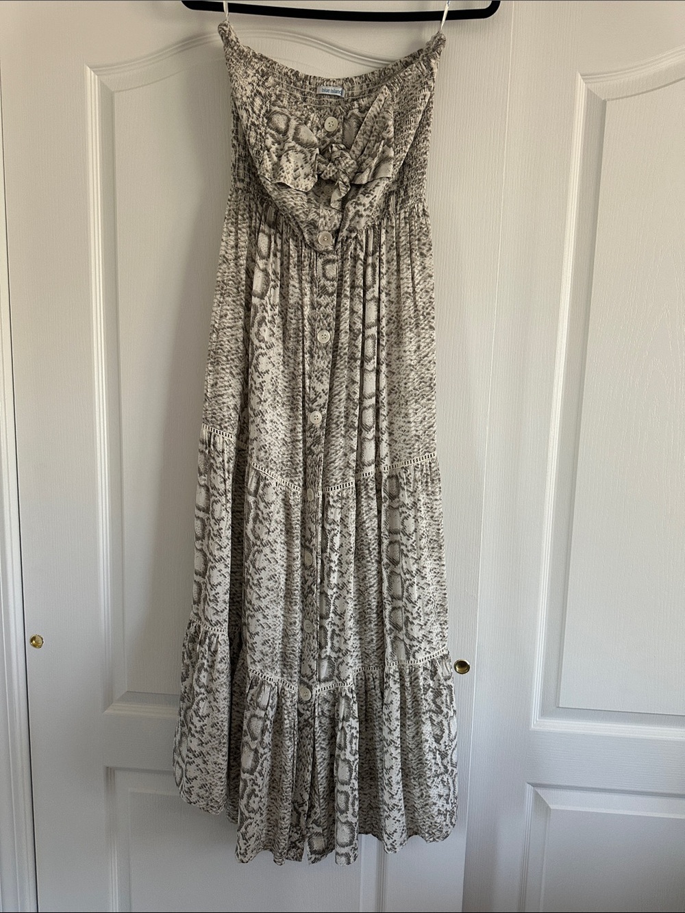 Blue Island grey/white print strapless smocked cover up/dress size large